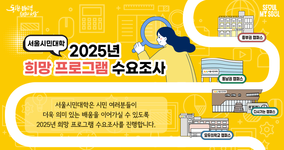 서울시민대학은 시민 여러분들이 더욱 의미 있는 배움을 이어가실 수 있도록 2025년 희망 프로그램 수요조사를 실시합니다.